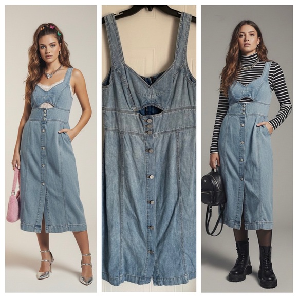 Rebecca Taylor Dresses & Skirts - Rebecca Taylor Blue Denim Button Front Dress XL 90s Revival Cutout Waist Midi
